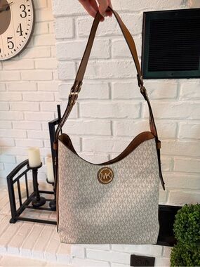 Michael Kors Beige Signature MK Logo Hobo Shoulder Bag with Brown Trim